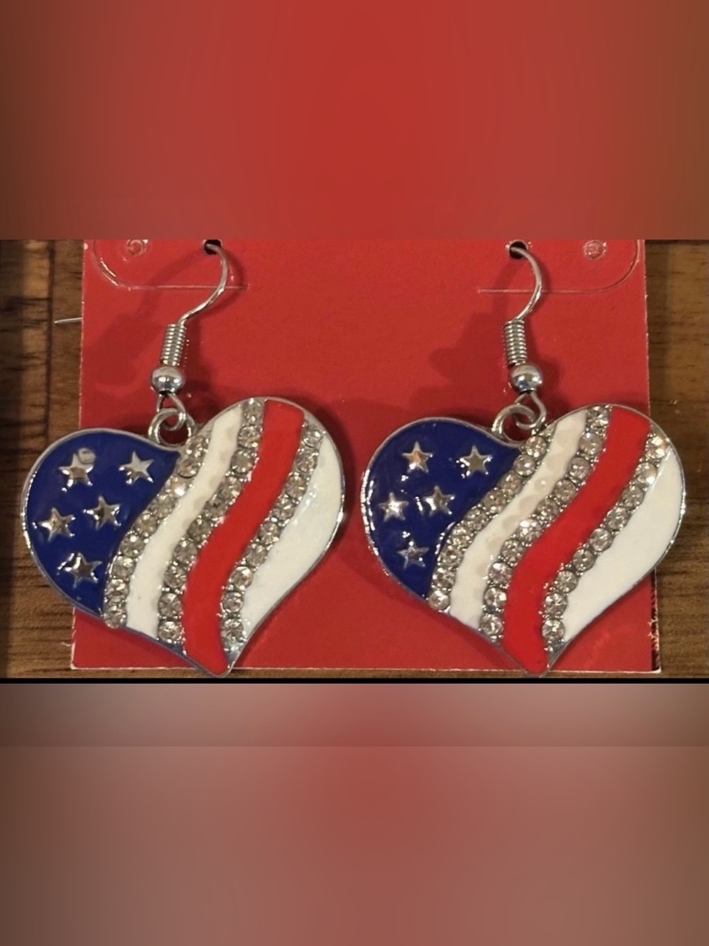 Heart-Shaped Flag Drop Earrings - Red, White & Blue